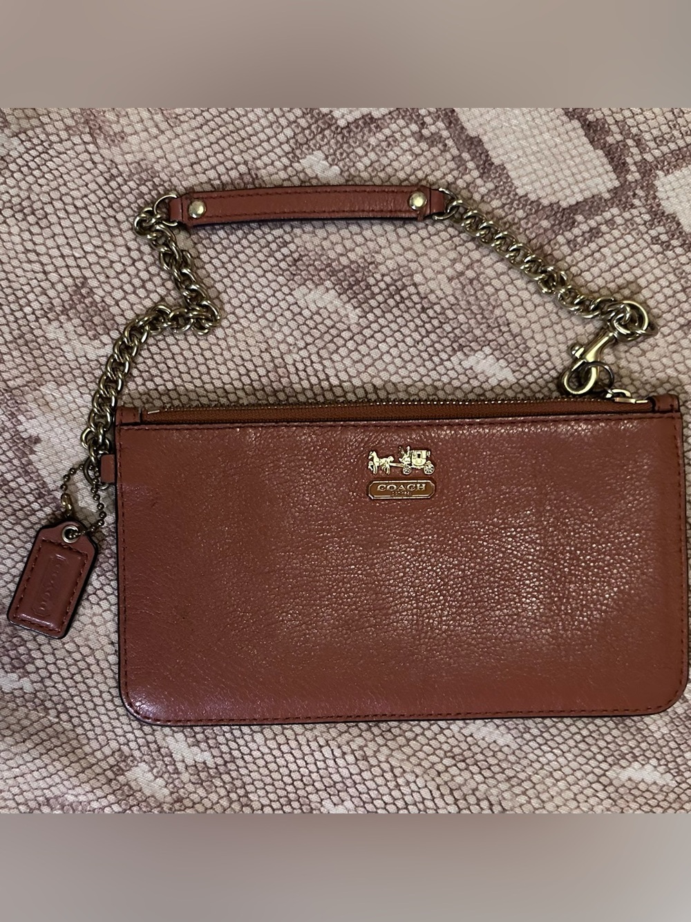 Coach Madison Pebbled Leather Wristlet in Cognac Brown with brass Hardware